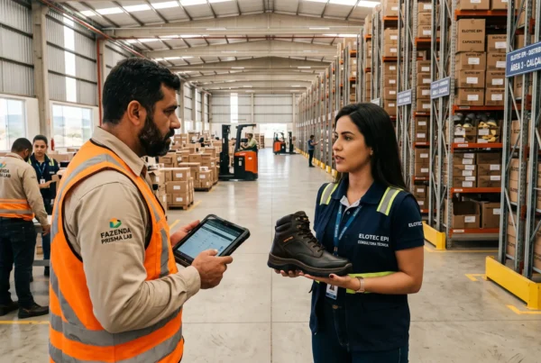 Consultor técnico da Elotec apresentando equipamentos de proteção com CA para um gerente de compras dentro de um grande estoque atacadista de EPI.