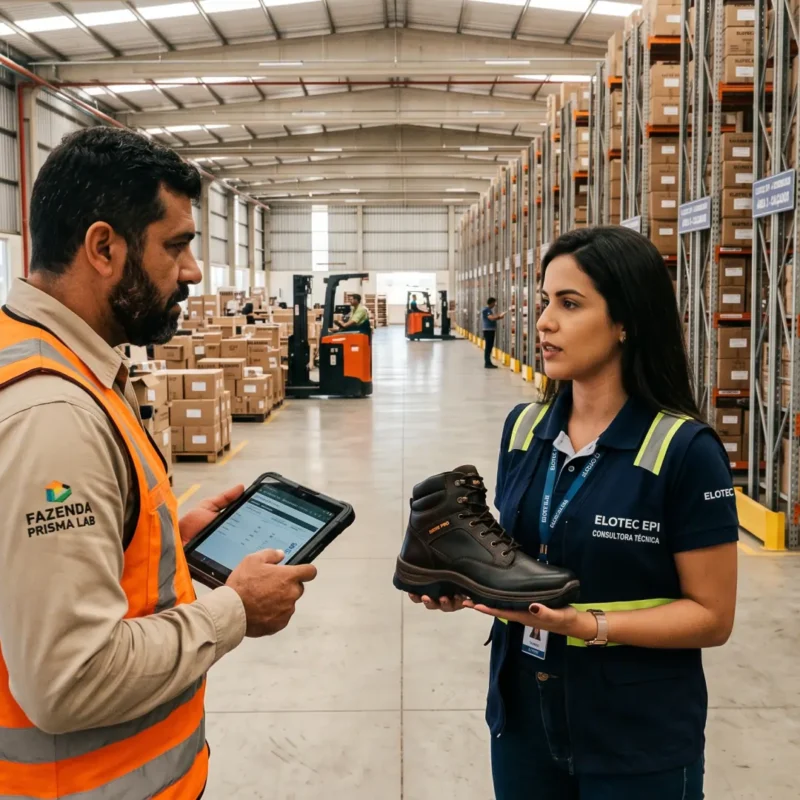 Consultor técnico da Elotec apresentando equipamentos de proteção com CA para um gerente de compras dentro de um grande estoque atacadista de EPI.
