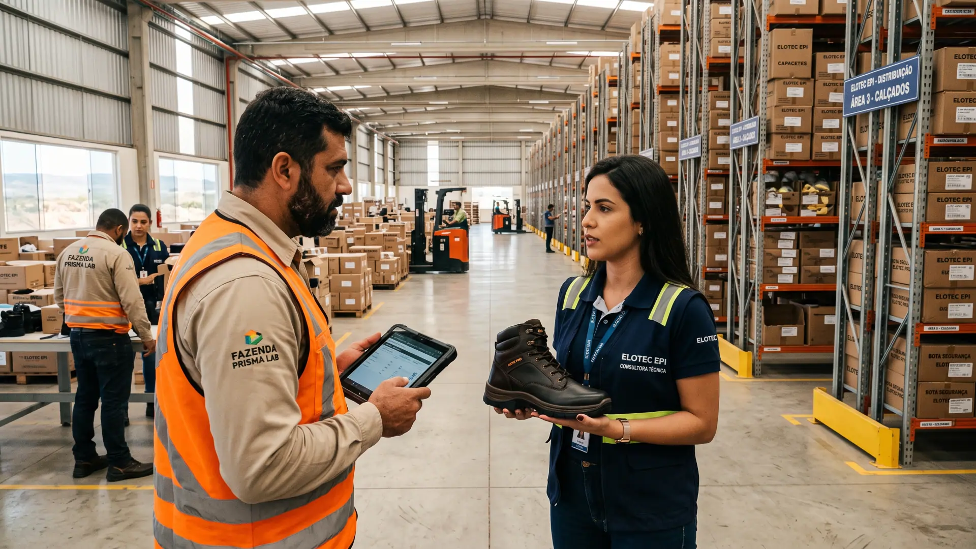 Consultor técnico da Elotec apresentando equipamentos de proteção com CA para um gerente de compras dentro de um grande estoque atacadista de EPI.
